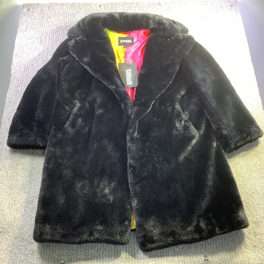 Apparis Stella Plant Based Faux Fur Coat Black Rainbow Lining Size M NWT
